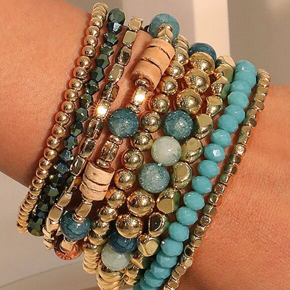 Threaded Pear Boho Beaded Multi-Layer Elastic Bracelet Set - Picture 1 of 3
